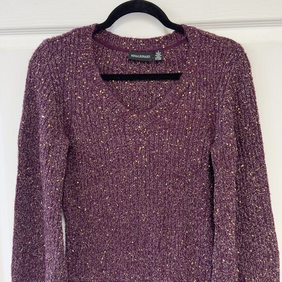 Nina Leonard Sparkly Sequin Sweater Dress Purple Women's Size Small - Picture 2 of 8